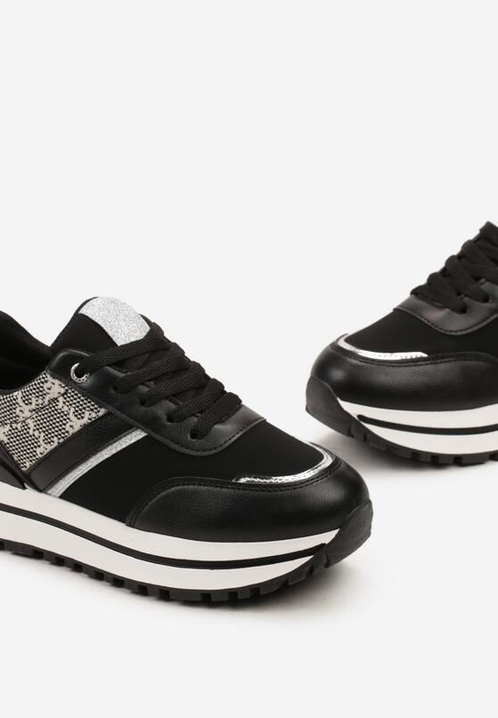 Czarne Sneakersy na Grubej Podeszwie z Brokatem i Materiałowymi Wstawkami Dinrila 5