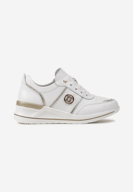 Białe Skórzane Sneakersy na Płaskim Obcasie z Błyszczącymi Detalami i Klamrą Marilesse 3