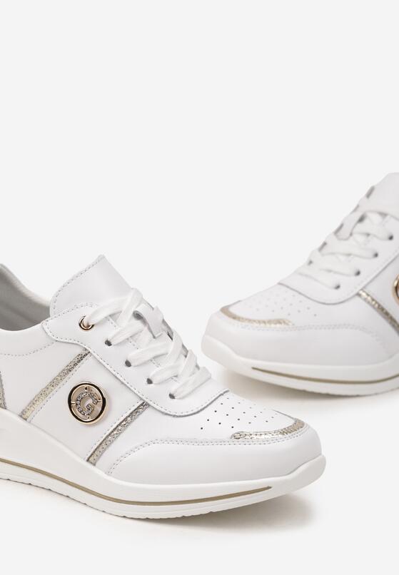 Białe Skórzane Sneakersy na Płaskim Obcasie z Błyszczącymi Detalami i Klamrą Marilesse 5