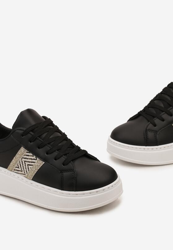 Czarne Sneakersy na Grubej Podeszwie z Ozdobną Taśmą z Brokatem i Metaliczną Wstawką Pirnessa 5
