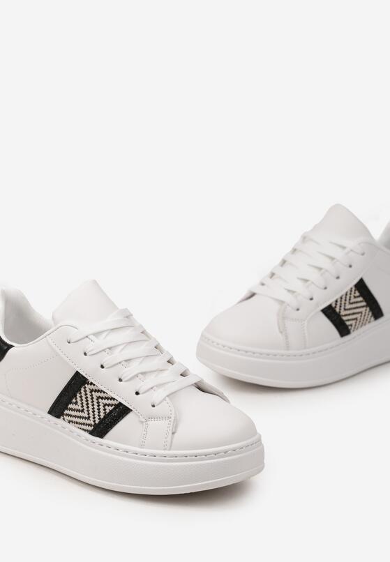 Biało-Czarne Sneakersy na Grubej Podeszwie z Ozdobną Taśmą z Brokatem i Metaliczną Wstawką Pirnessa 5