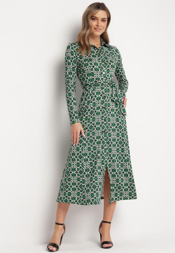Zielona Taliowana Sukienka Maxi z Materiałowym Paskiem w Geometryczny Print Filint 1