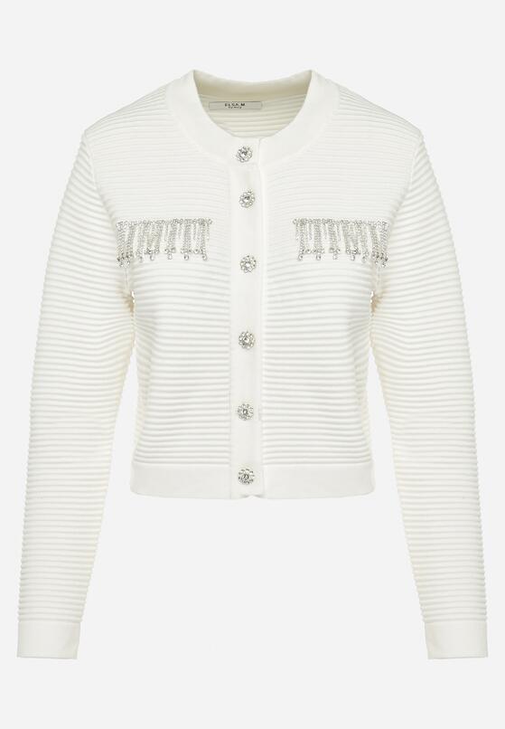 Biały Kardigan z Guzikami w Kształcie Kwiatka z Cyrkoniami i Frędzlami Wileara 6