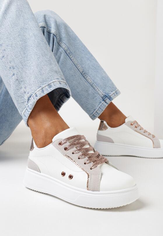 Biało-Złote Sneakersy przed Kostkę na Grubej Podeszwie z Metalicznymi Wstawkami Aglimria 1