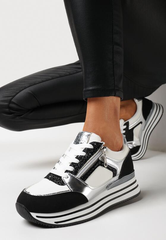 Czarne Sneakersy na Grubej Podeszwie z Brokatem i Metalicznymi Wstawkami Aeliss 1
