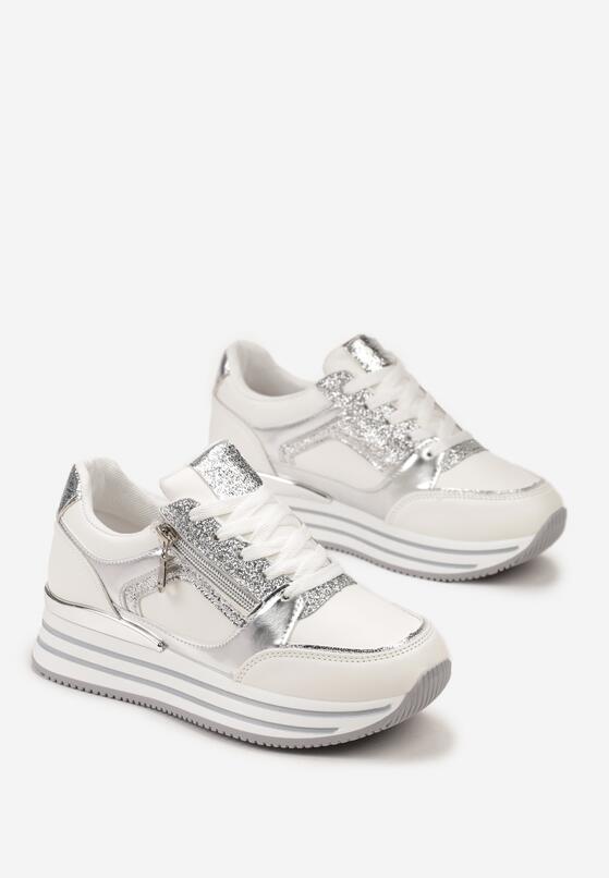 Srebrne Sneakersy na Grubej Podeszwie z Brokatem i Metalicznymi Wstawkami Aeliss 4