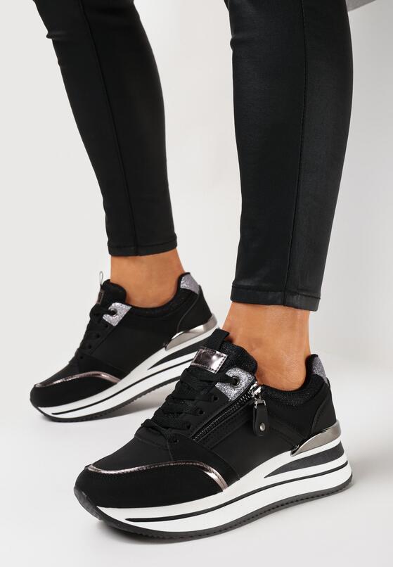 Czarne Sneakersy na Platformie z Brokatowymi Akcentami Stelavia 2