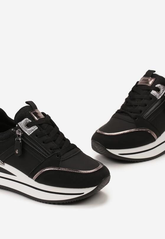 Czarne Sneakersy na Platformie z Brokatowymi Akcentami Stelavia 5