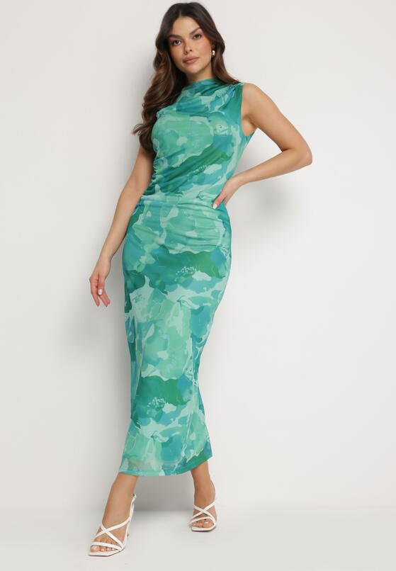 Zielono-Niebieska Dopasowana Sukienka Maxi z Abstrakcyjnym Wzorem i Marszczeniami Billetia 1