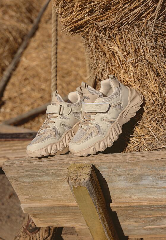 Beżowe Buty Sportowe Sneakersy z Tłoczoną Podeszwą i Naszywkami Talcina 4