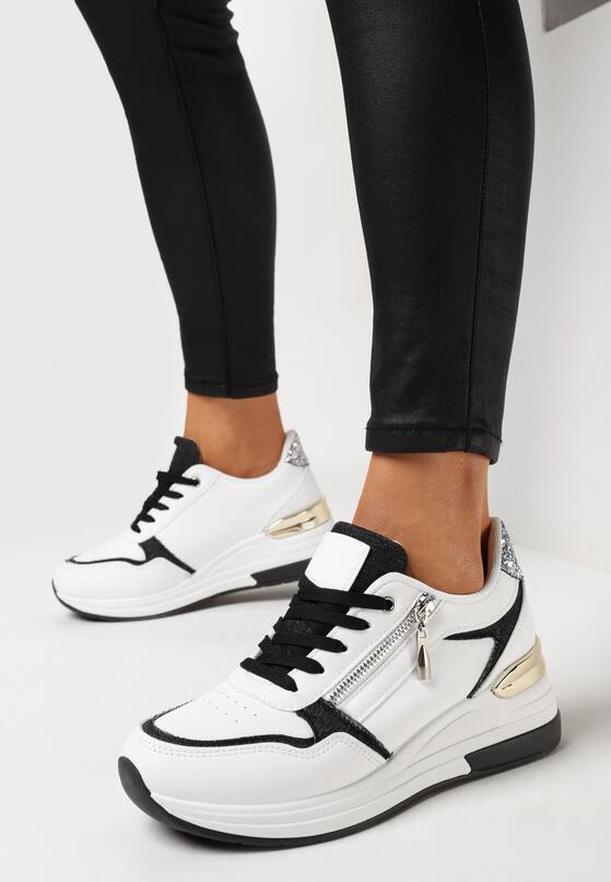 Biało-Czarne Sneakersy na Niskim Koturnie z Ozdobnym Suwakiem i Metaliczną Wstawką Lorealissa 2
