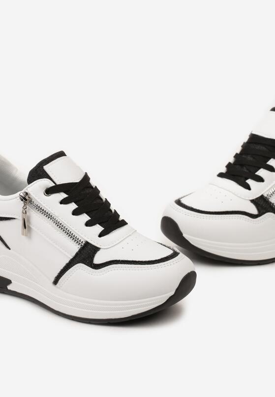 Biało-Czarne Sneakersy na Niskim Koturnie z Ozdobnym Suwakiem i Metaliczną Wstawką Lorealissa 5