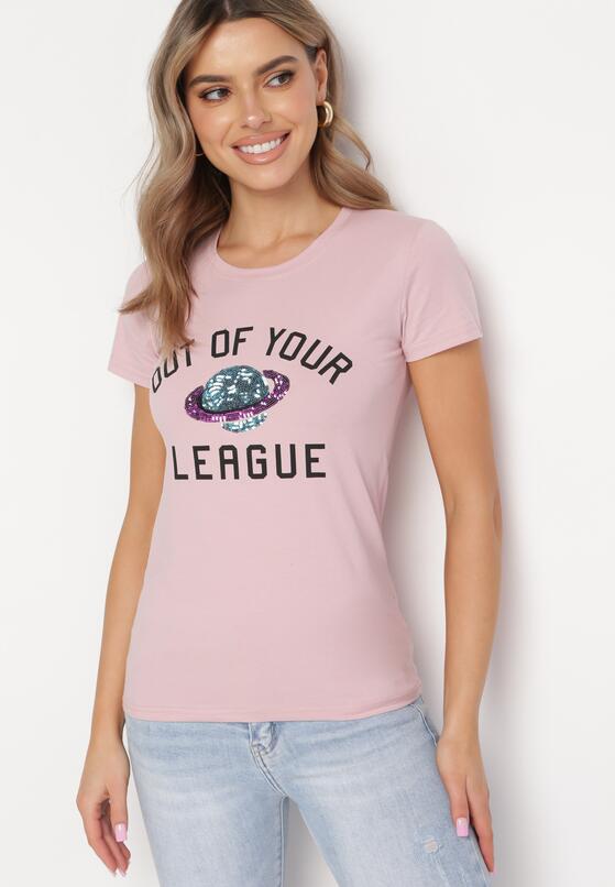 Różowy Bawełniany T-shirt z Ozdobnym Cekinowym Nadrukiem i Napisami Olumi 1