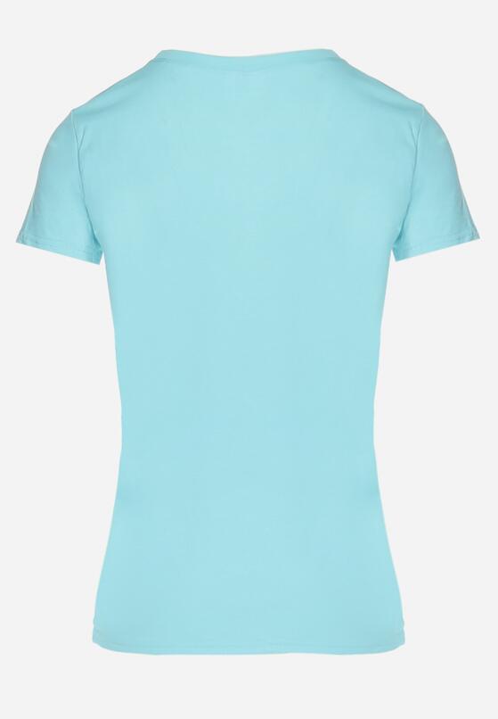 Miętowy Bawełniany T-shirt z Ozdobnym Cekinowym Nadrukiem i Napisami Olumi 7