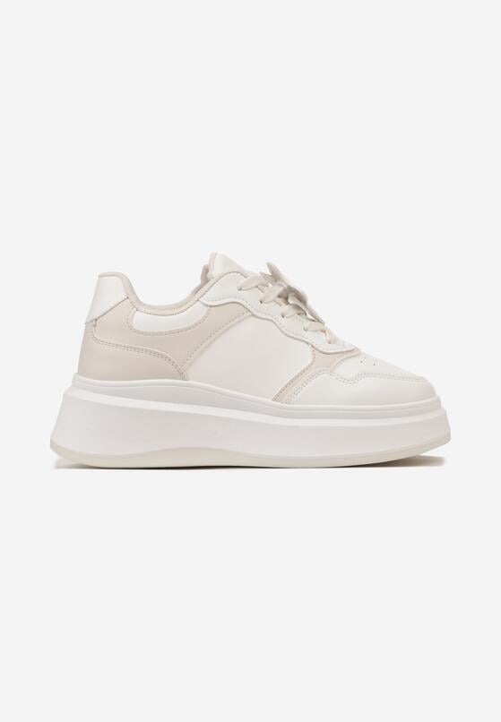Biało-Beżowe Sneakersy na Platformie z Odpinaną Gwiazdką na Sznurówkach Olrua 3