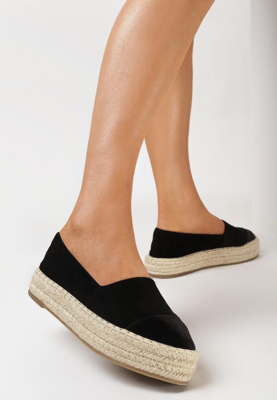 Czarne Wsuwane Espadryle na Plecionej Platformie z Ozdobnym Noskiem Leoppa 1
