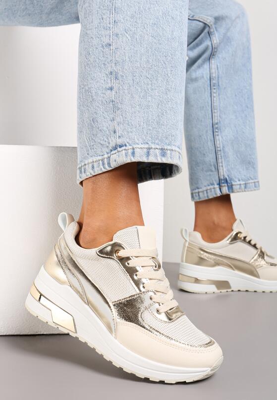 Beżowe Sneakersy na Koturnie z Metaliczną Wstawką Nerdia 2