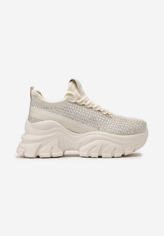 Beżowe Sneakersy na Grubej Podeszwie Ozdobione Cyrkoniami Nallua 3