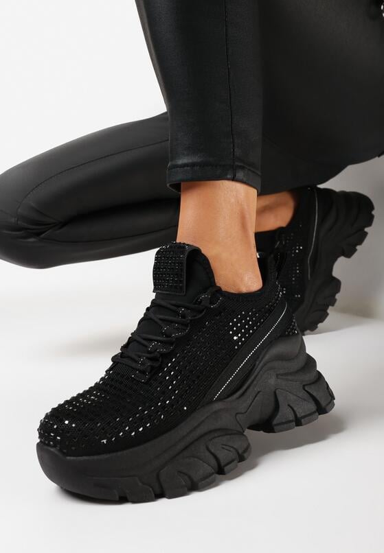 Czarne Sneakersy na Grubej Podeszwie Ozdobione Cyrkoniami Nallua 1