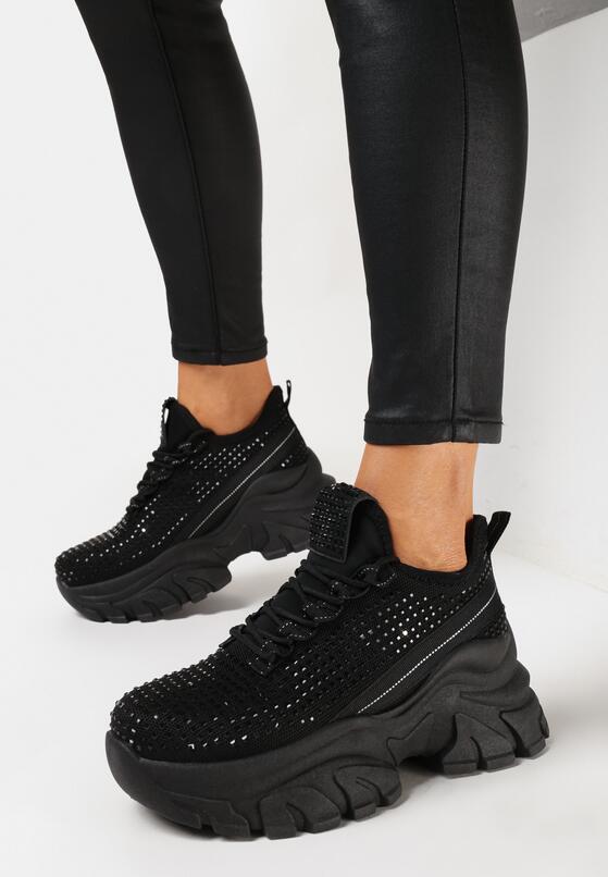 Czarne Sneakersy na Grubej Podeszwie Ozdobione Cyrkoniami Nallua 2