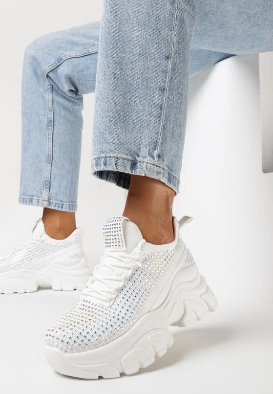 Białe Sneakersy na Grubej Podeszwie Ozdobione Cyrkoniami Nallua 1