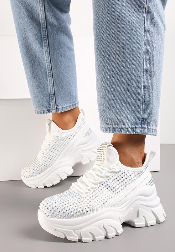 Białe Sneakersy na Grubej Podeszwie Ozdobione Cyrkoniami Nallua 2