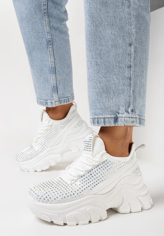 Białe Sneakersy na Grubej Podeszwie Ozdobione Cyrkoniami Nallua 2