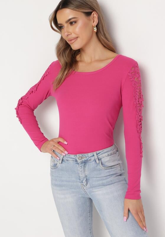 Fuksjowa Bluzka z Ażurową Koronką na Rękawach i Plecach Ailrenia 4
