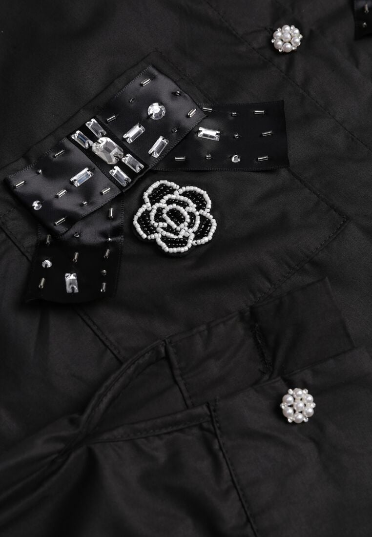 Czarna Koszula na Biżuteryjne Guziki ze Zdobionymi Kieszeniami Nerlla 8