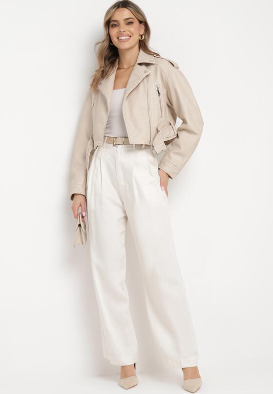 Beżowa Kurtka Ramoneska Vintage  o Krótkim Fasonie z Imitacji Skóry Corissande 2