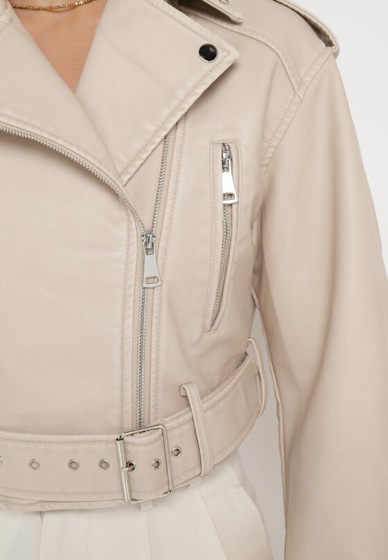 Beżowa Kurtka Ramoneska Vintage  o Krótkim Fasonie z Imitacji Skóry Corissande 5