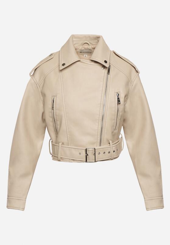 Beżowa Kurtka Ramoneska Vintage  o Krótkim Fasonie z Imitacji Skóry Corissande 6