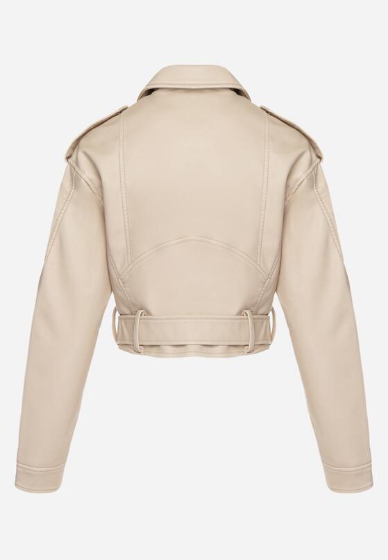 Beżowa Kurtka Ramoneska Vintage  o Krótkim Fasonie z Imitacji Skóry Corissande 7