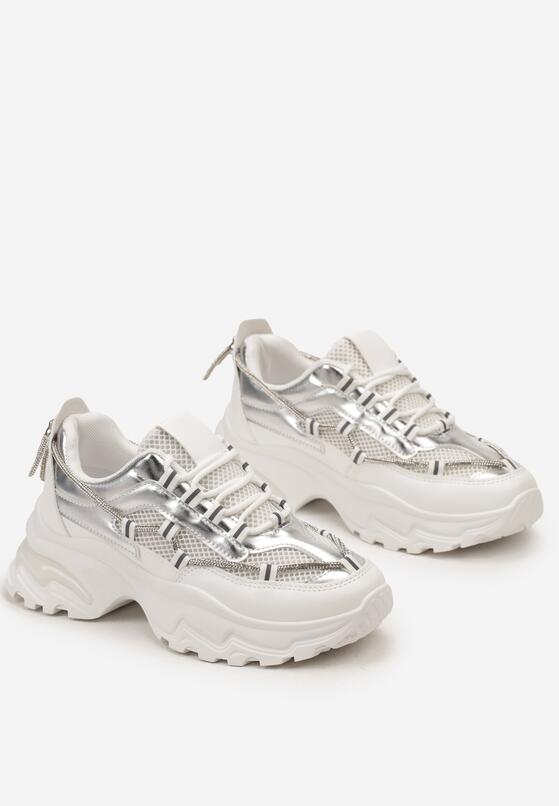 Biało-Srebrne Sneakersy na Grubej Podeszwie z Paskiem z Cyrkoniami Novallie 5