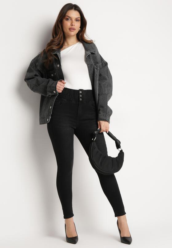 Czarne Jeansy Skinny z Elastyczną Wysoką Talią z Marszczeniem Erindela 2