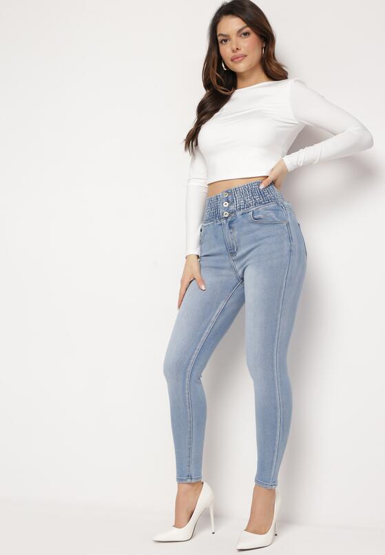 Jasnoniebieskie Jeansy Skinny z Elastyczną Wysoką Talią z Marszczeniem Erindela 4