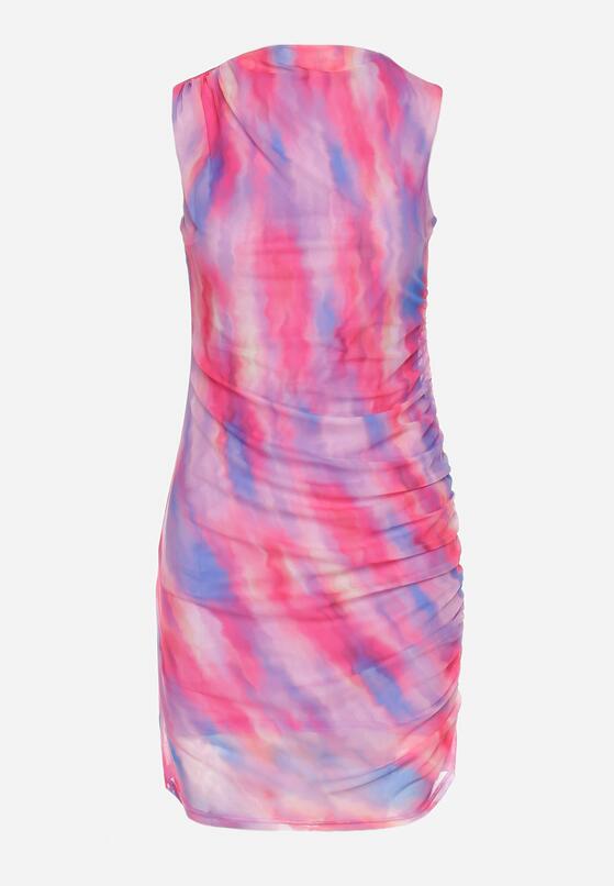 Różowa Dopasowana Sukienka Mini Ozdobiona Wzorem Tie-Dye i Marszczeniami Xeris 6