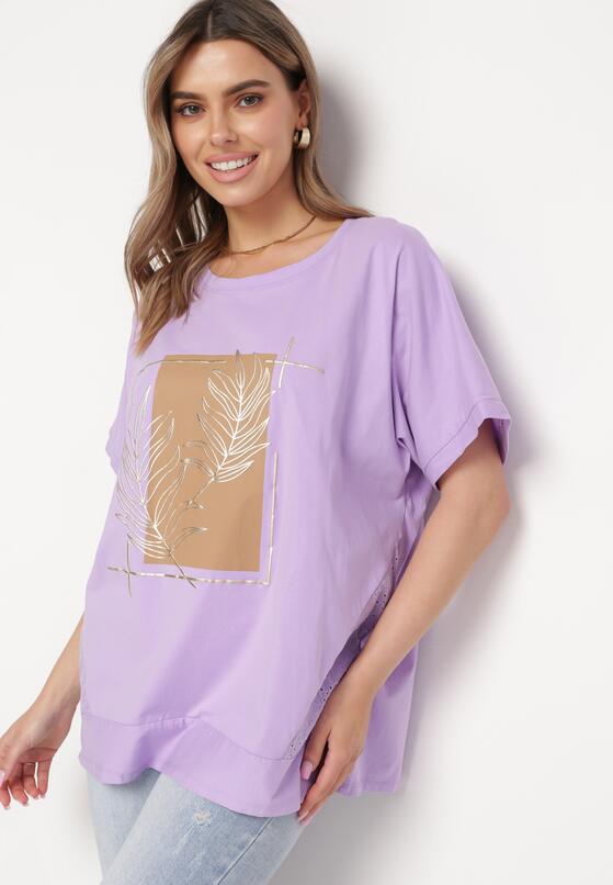 Fioletowy Bawełniany T-shirt z Nadrukiem i Haftowanymi Wstawkami Varetias 2