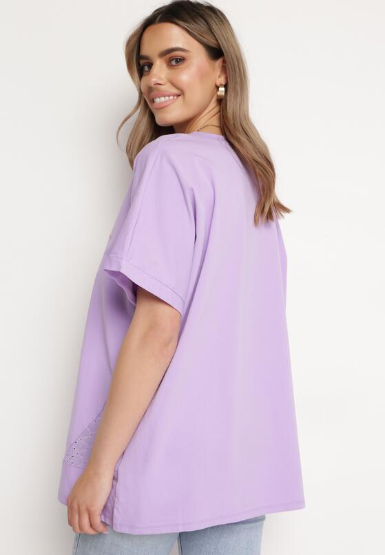 Fioletowy Bawełniany T-shirt z Nadrukiem i Haftowanymi Wstawkami Varetias 3