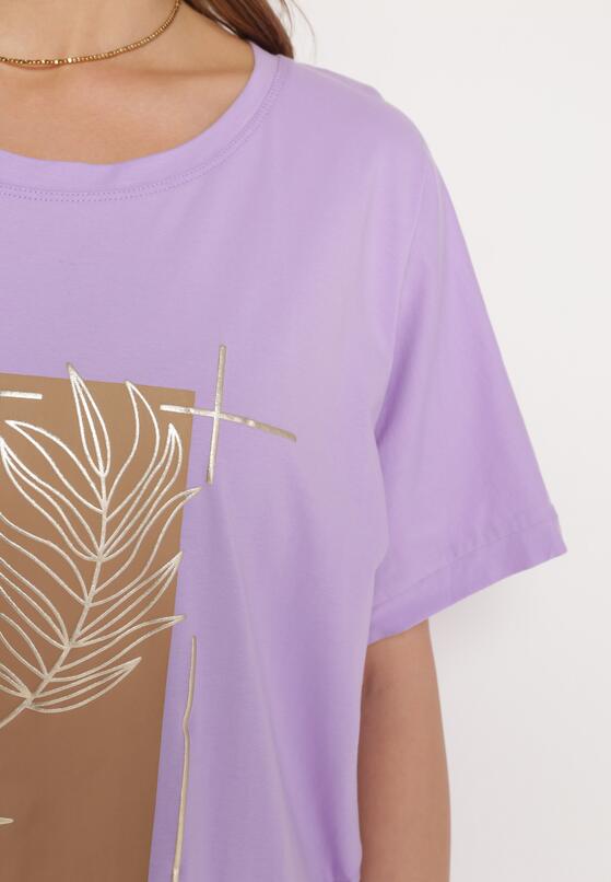 Fioletowy Bawełniany T-shirt z Nadrukiem i Haftowanymi Wstawkami Varetias 5