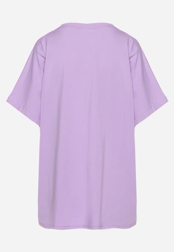 Fioletowy Bawełniany T-shirt z Nadrukiem i Haftowanymi Wstawkami Varetias 7