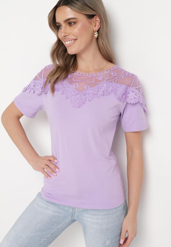 Fioletowy T-shirt Bawełniany z Koronkową Górą Naroca 2
