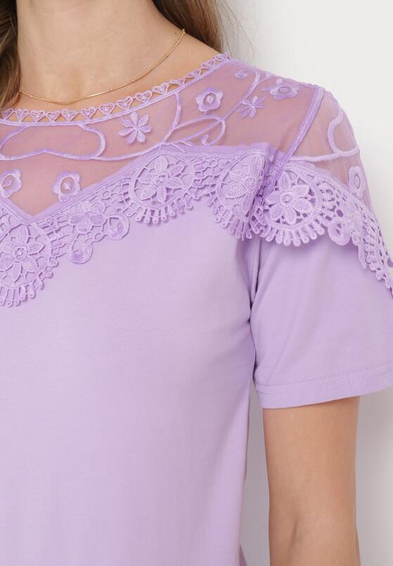 Fioletowy T-shirt Bawełniany z Koronkową Górą Naroca 5