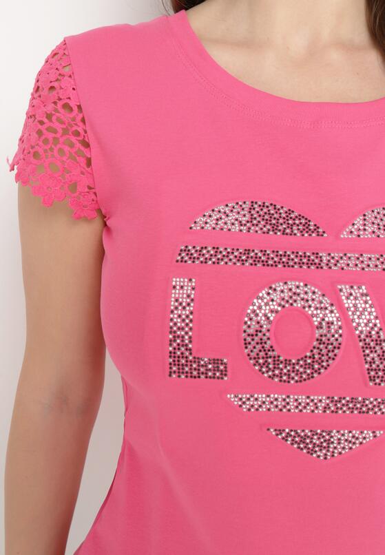 Ciemnoróżowy Bawełniany T-shirt z Koronkowymi Rękawami i Serduszkiem z Cyrkonii Wleddia 5