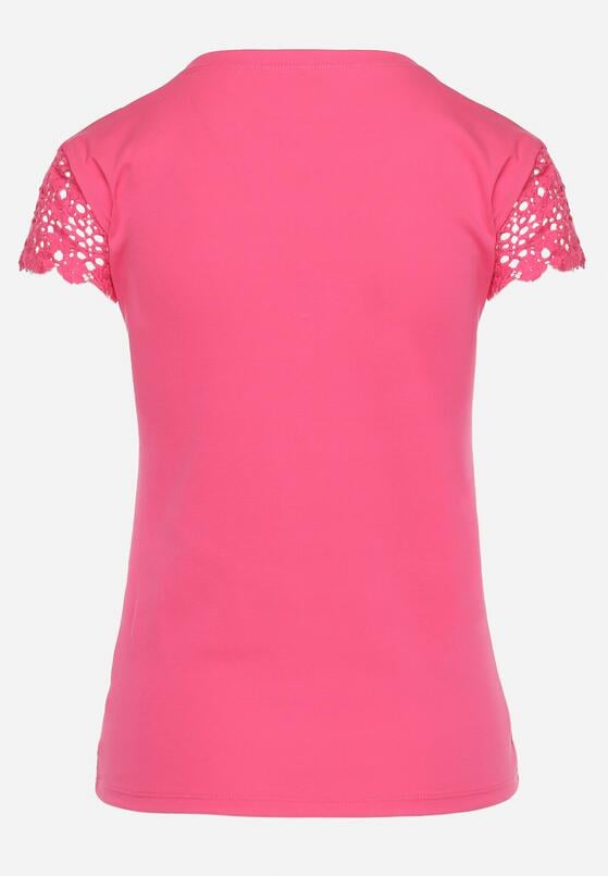 Ciemnoróżowy Bawełniany T-shirt z Koronkowymi Rękawami i Serduszkiem z Cyrkonii Wleddia 7