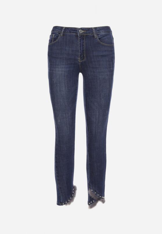 Granatowe Jeansy Skinny Ozdobione Futerkiem i Perełkami Onuset 6