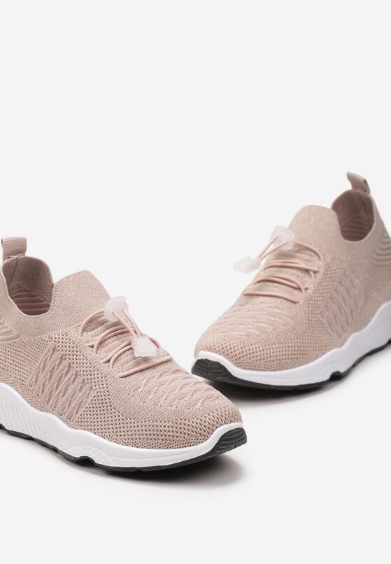 Beżowe Buty Sportowe z Metaliczną Nitką i Gumką ze Stoperem Qiliara 6