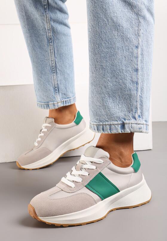 Beżowo-Zielone Sneakersy ze Skóry Naturalnej Ozdobione Wstawkami z Ekozamszu  Brialle 1