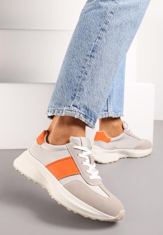 Beżowo-Pomarańczowe Sneakersy ze Skóry Naturalnej Ozdobione Wstawkami z Ekozamszu  Brialle 3