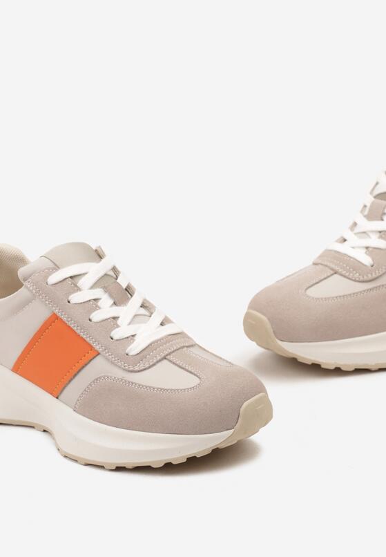 Beżowo-Pomarańczowe Sneakersy ze Skóry Naturalnej Ozdobione Wstawkami z Ekozamszu  Brialle 6